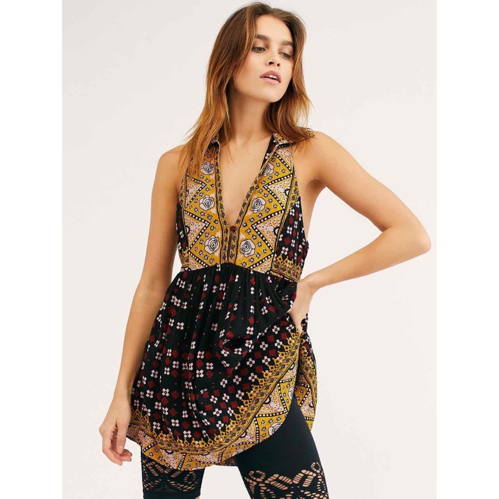 Free People Charlotte Mixed Print Tunic Blouse M